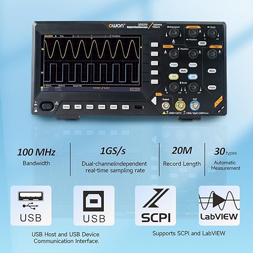 OWON Oscilloscope, Digital Oscilloscope Dual Channel 100MHz Bandwidth Oscillograph, with 7” TFT LCD Display (100MHz / 2CH / OWON SDS210)