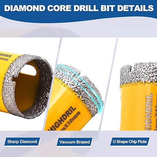 HIGHDRIL Diamond Drill Bits Kit with Triangle Shank for Porcelain Tile Ceramic Marble Brick Concrete Vacuum Brazed Hole Saw(6/8/10/20/25/28/35/45/50/65mm+35mm Hex Shank Chamfer Beveling Bit
