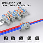 5Pcs Lever Wire Connectors, 2 in 4 Out, Push-in, 4-2.5 mm² Quick Wiring DIN Terminal Blocks, 30Pcs Wire Ferrules Terminals & 5.51 Inch DIN Rail Included