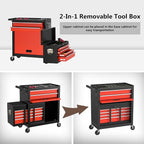 8 Drawer Tools Chest,42.9 inch Tool Cabinet with Universal Lockable Wheels，Organizable Tool Box with Detachable Top Box for Workshop，BlackRed
