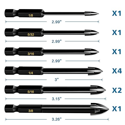 10-Piece Glass Concrete Drill Bit Set, Masonry Drill Bits for Brick, Plastic and Wood, Hex Shank Tungsten Carbide Tip Drilling Tools for Mirror and Ceramic Tile on Concrete and Brick Wall.