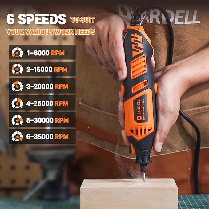 HARDELL Rotary Tool Kit - 180W Corded Power Rotary Tool 6 Variable Speeds with 61 Accessories, 8000-35000RPM, for Sanding, Polishing, Cutting, Engraving,Carving, DIY Crafts