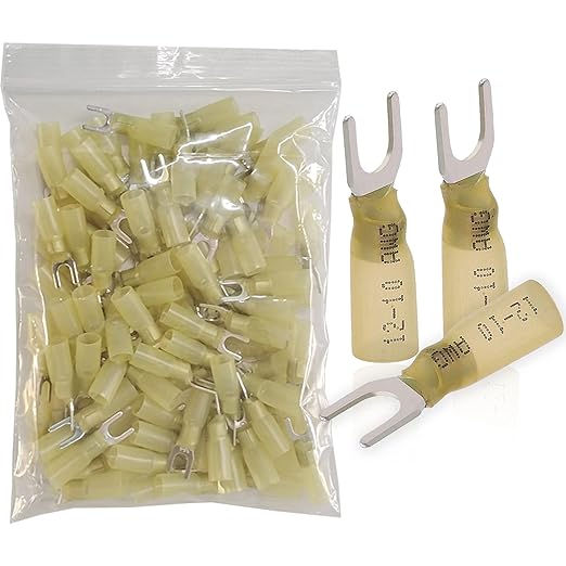 100pcs 12-10 AWG Marine Grade Heat Shrink Fork Connectors, ＃10 Tinned Copper Heat Shrink Fork Terminals, Insulated Electrical Spade Crimp Fork Wire Connectors (Yellow AWG12-10)