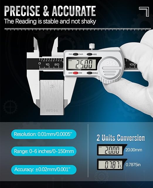 Digital Caliper 8 inch, (ABS) Absolute Scale Caliper, IP54 Caliper Measuring Tool, Inch/MM, Auto-Off LCD Stainless Steel Waterproof Micrometer Vernier Caliper, with Steel Ruler, Silver