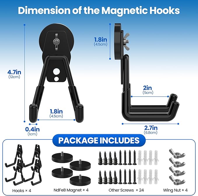 4 Pack Large Magnetic Hooks Heavy Duty Extra Strong Magnetic Garage Hooks Big NdFeB Industrial Magnet Hooks Magnetic Utility Storage Holder Organization with Anti-Slip Coating for Hanging Garden Tool