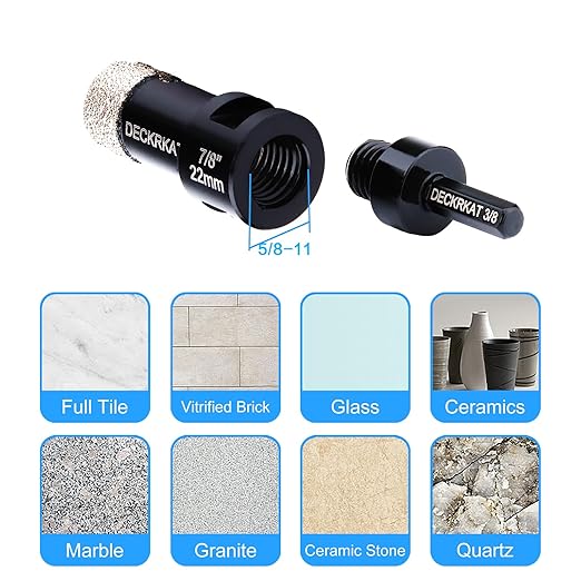 Diamond Core Drill Bit Vacuum Brazed 7/8" 22mm Diamond Hole Saw with Flutes for Granite Quartz Hard Porcelain Tile with 5/8-11 Female Thread & 3/8" Hex Shank Adapter Fit Angle Grinders & Drills