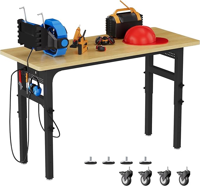 60" Heavy Duty Work Bench with Wheels, Adjustable Height 2000 Lbs Garage Workbench w/Pegboard Pad & Power Outlets, Portable Mobile Tool Work Table for Woodworking Workshop Home Office (60" L)