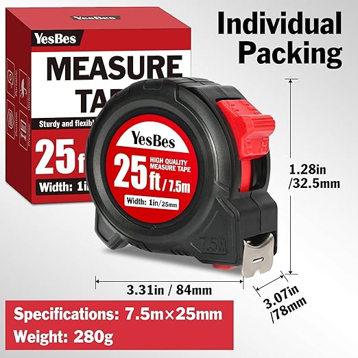 Tape Measure 25 ft, 5 Pack Bulk Easy Read Measurement Tape, Self-Locking Measuring Tape Retractable 1-Inch Wide x 25 ft