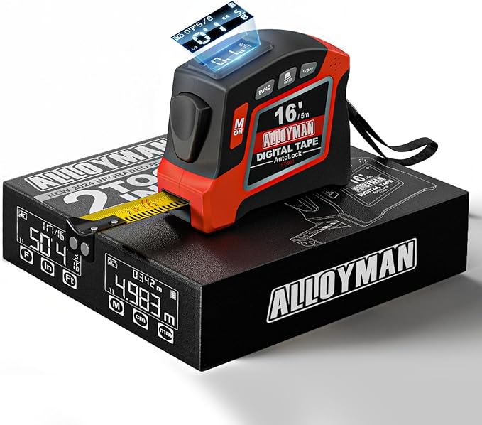 Alloyman 2-in-1 Digital Tape Measure, 16Ft Length, 6 Unit Options, 4 Measuring Modes, Stores 50 Records, Auto Lock with Magnetic Hook, Waterproof & Drop-Resistant