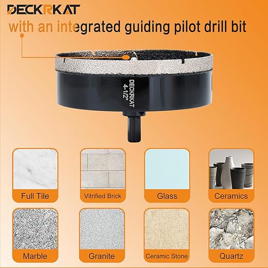 4-1/2 inch Diamond Hole-Saw Bits with Pilot Drill Bit -4-1/2" Diamond Tipped Tile Hole Saws with Guiding Bit Accurate Drilling for Porcelain Tile Ceramic Pottery Granite Stone Glass Bottles 115mm.