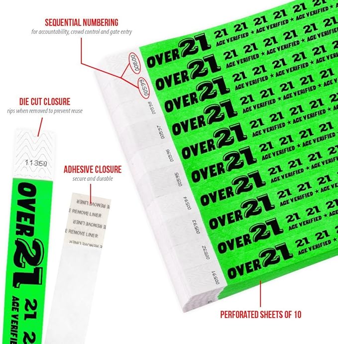 200 WristCo Over 21 Neon Green Tyvek Wristbands for Events - ¾” x 10” - Waterproof Recyclable Comfortable Tear Resistant Paper Bracelets Wrist Bands for Concerts Festivals Admission Party