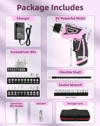 Cordless Electric Screwdriver Set, 8V 10Nm Rechargeable Power Electric Drill, Battery Screw Gun with Driver Bit, 320RPM/10+1 Torque, 2 Position Handle, Flexible Shaft LED Light (Pink, 39Pcs)
