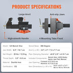 VEVOR Bench Vise, 6.5" Jaw Width 6.5" Forward &9.3" Reverse Opening, 360-Degree Swivel Locking Base Multipurpose Workbench w/Anvil, Heavy Duty Ductile Iron w/Bolts & Nuts, for Drilling, Pipe Cutting