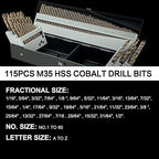 115Pcs Cobalt Drill Bit Set (1/16"-1/2"), M35 HSS, 135 Degree Tip, Twist Jobber Length for Hardened Metal, Stainless Steel, Cast Iron, Wood, and Plastics, with Index Storage Case