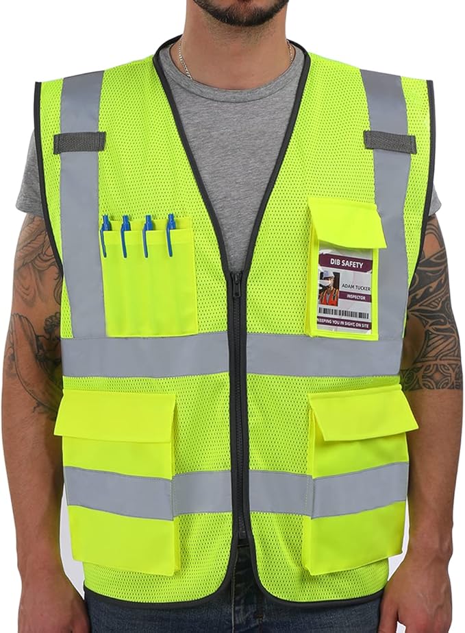 Dib Safety Reflective Vest Mesh, High Visibility Vest with Pockets and Zipper, Construction Work Vest ANSI Class 2, Yellow Mesh L