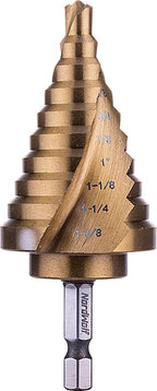 NordWolf HSS Titanium SAE Step Drill Bit, Spiral Groove Double Flute Unibit with 1/4" Hex Shank for Sheet Metal, 10 Imperial Step Sizes 1/4" to 1-3/8"
