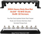 2 Pcs 600 A High Current Copper Bus Bar 300V AC / 48V DC 8 Way 3/8 inch (M10) Studs 8#8-32 Screws Electrical Terminal Ground Distribution Block Battery Buss Bars with Cover (Red & Black)