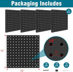 Peg Board,Steel Organization Panels, Ideal for Garage Tool Storage, Office Organization, Craft Room, Kitchen,Pack of 4 (Black, 4-12X12)