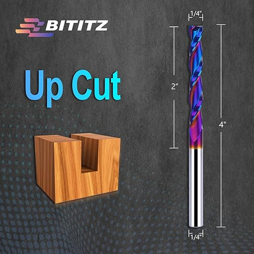 1/4 Upcut Spiral Router Bit 1/4 Inch Shank 2 inch Cutting Length with Extra Long Life Coating CNC Router Bits End Mill for Wood Cutting, Slot Mortise, Engraving