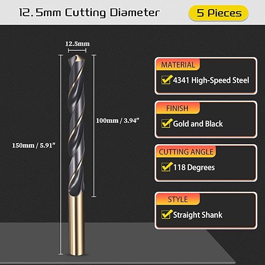 Drill Bit, 12.5mm Cutting Diameter, 4341 HSS Gold and Black 118° Cutting Angle Number Jobber Bits - (Applications: for Drilling Soft Metal Plastic Wood), 5-Pieces