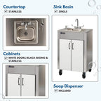 Ozark River Portable Sinks Elite LS1, Free Standing Portable Concession Sink, Commercial Restaurant Portable Sink with Hot Water, Stainless Food Service Sink, White Doors-Black Edges