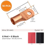 SELTERM 10pcs - 1/0 Awg - 1/4" Stud - Battery Lugs - Ring Terminal Connectors | with 12pcs 3:1 Black & Red Heat Shrink Tubing with Adhesive | Heavy Duty Battery Cable Ends - Bare Copper Wire Lugs Kit