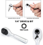 Neiko 03002A Stubby Ratchet, 1/4 Inch Ratchet Wrench and Bit Driver, 108-Tooth Reversible Ratchet, 3.3 Degree, Mini 1/4 Ratchet Drive, Oval Head Wrench, CR-V Steel Quarter Inch Small Ratchet Wrench
