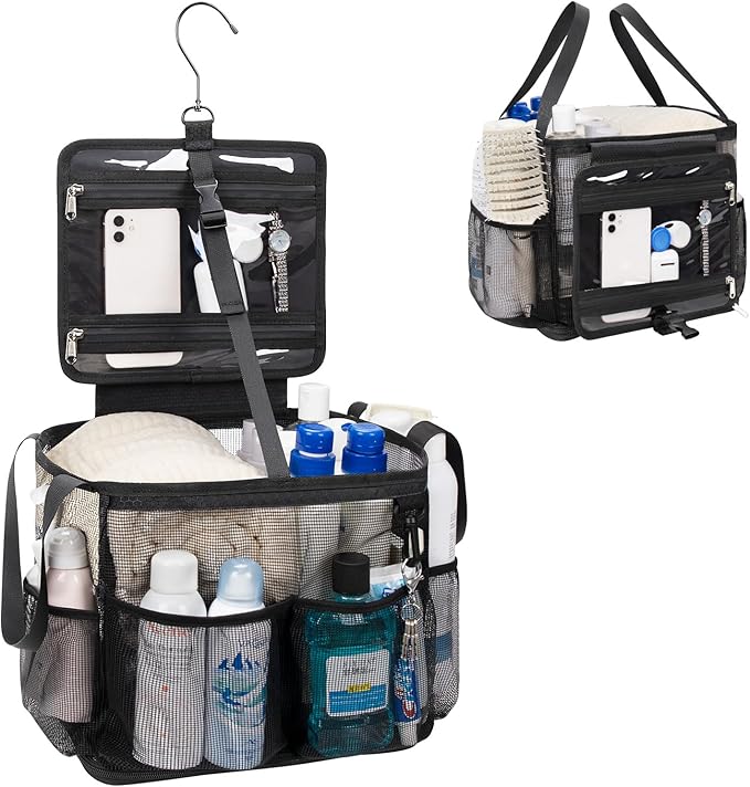 Mesh Shower Caddy Portable, Quick Dry Hanging Toiletry Bag for College Dorm Essentials with 4 Pockets/Divider/Plastic Bottom, Travel Tote Bag for Camping, Bathroom, Beach, Swimming, Gym