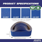 3" x 21" Zirconia Sanding Belts for Metal, 3 x 21 Inch Zirconia Metal Grinding Sand Paper, 16 PCS 4 Each of 60/80/120/240 Assorted Grits