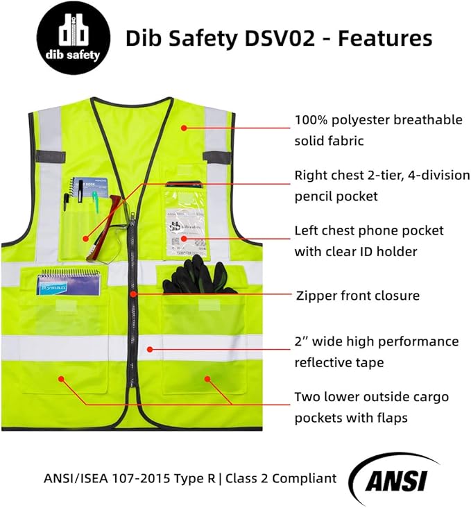 Dib Safety Vest Reflective ANSI Class 2, High Visibility Vest with Pockets and Zipper, Hi Vis Yellow 5 Pack L