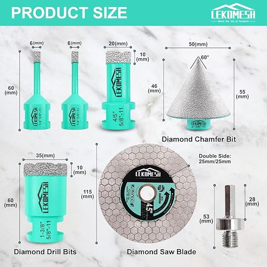 Tile Hole Saw Kit for Porcelain Tile - (6/6/20/35+50mm Chamfer Bit+Adapter+Tile Blade) Tile Hole Saw Kit Diamond Precision Cutting for Porcelain Ceramic Marble Granite,5/8"-11 Thread