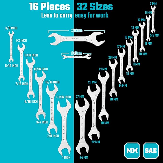 DURATECH Super-thin Open End Wrench Set, SAE(5/16" to 1-1/16") & Metric(5.5mm to 27mm), 16-Piece, Slim Spanner Wrench Set with Rolling Pouch