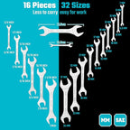 DURATECH Super-thin Open End Wrench Set, SAE(5/16" to 1-1/16") & Metric(5.5mm to 27mm), 16-Piece, Slim Spanner Wrench Set with Rolling Pouch