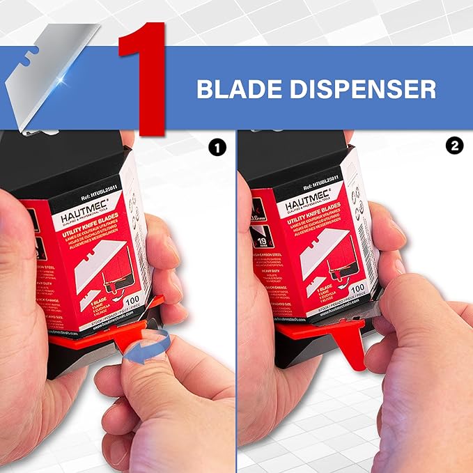 HAUTMEC 100 Pack Utility Knife Blades, Standard Box Cutter Blades with Innovative Safty Dispenser, Premium Carbon Steel Utility Blade Replacement, for Box, Carpet, Rope - HTUBL25011