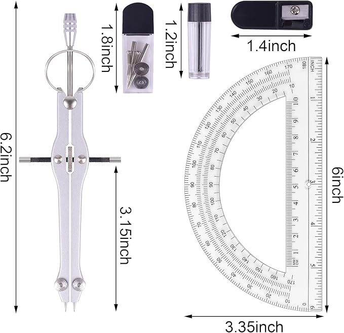 Compass and Protractor Set, Professional Drawing Compass Tool, Metal Compass with Extra Refills, Compass for Geometry and 6 Inch Math Protractors 180 Degree (Silver)