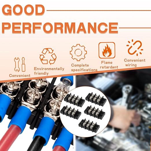 3 Circuits 3 Positions Terminal Block 20-30A 200-450V Dual Row Screw Terminals Strip with 30 PCS Heat Shrink Wire Fork Connectors(Pack of 5pcs)