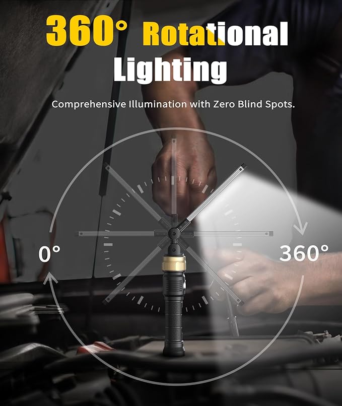 Rechargeable Work Light - 5000mAh Magnetic Flashlight with 360° Rotate Foldable Design, 1200 Lumens Led Work Light, 3 Lighting Modes Mechanic Light for Car Repairing/Emergency