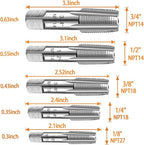 5-Piece NPT Pipe Tap Set, Precision Carbon Steel NPT Tap Set for Clean Accurate Threads, 3/4", 1/2", 3/8", 1/4", 1/8" NPT Tap, Perfect for Plumbers Mechanics DIYers, with Durable Plastic Case