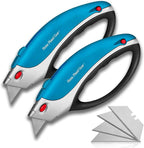 Box Cutter Retractable Utility Knife - Two Pack Heavy Duty Box Cutter Knife Cardboard Cutter - Box Opener Razor Knife - Box Knife Carpet Cutter with 5 Sharp Utility Blades (Blue 2 Pack)