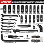 LLNDEI 1/2" Dr. Ratchet Impact Socket Wrench Set,Deep Sockets(8-24mm),Spark Plug Socket(16,21mm),49PCS, CR-V, Metric, With Combination Wrenches (8-17mm)