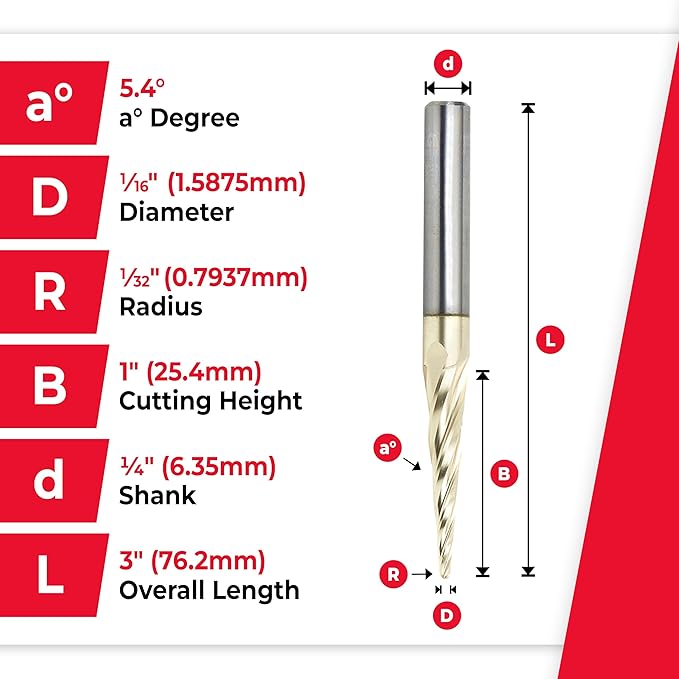 Amana Tool - 46282-5, 5 Pack CNC 2D & 3D Carving 5.4 Deg Tapered Angle Ball Tip 1/16 Dia