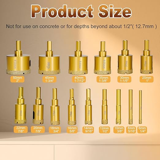 Diamond Hole Saw Tile Drill Bits,Dry/Wet Brazing Drill Hole Saw Kit,15pcs (6-50mm) Diamond Core Drill Bit Set for Ceramic, Glass, Tile, Gypsum, Marble, Granite