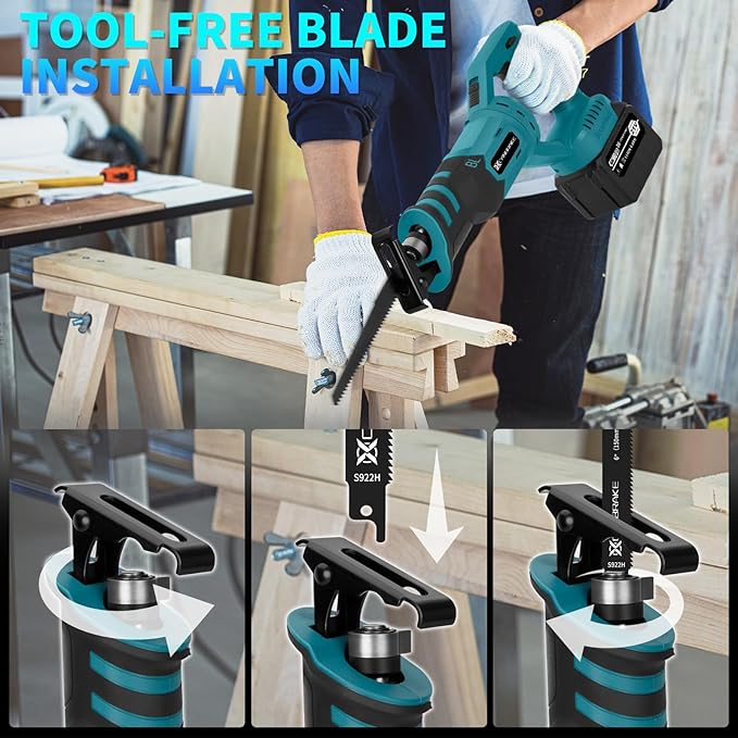Cordless Rotated Handle Reciprocating Saw, 2 x 6.0Ah Battery, 12Pcs Blades, 28MM Stroke, 180° Cutting Angle, Wood/Metal/PVC