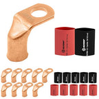 SELTERM 10pcs - 1/0 AWG 3/8" Stud 90° Bent Battery Lugs - Ring Terminal Connectors with 12pcs 3:1 Black & Red 3/4" Heat Shrink Tubing - Heavy Duty Battery Cable Ends - Bare Copper Wire Connectors Kit