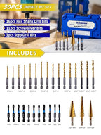 JEFE HEX 30pcs Impact Bit Set, Screwdriver Bit Set 11pcs, Hex Shank Drill Bit Set 16pcs, Step Drill Bit 3pcs, High Speed Steel Materialand Titanium Coating, S2 Alloy Steel Bits with Index Box
