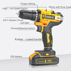 21V Lithium-ion Cordless Drill Set, 3/8-Inch Power Drill with Two Lithium-Ion Batteries, A Charger and A Set of Bits Storage Box Included