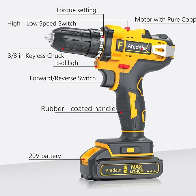 21V Lithium-ion Cordless Drill Set, 3/8-Inch Power Drill with Two Lithium-Ion Batteries, A Charger and A Set of Bits Storage Box Included