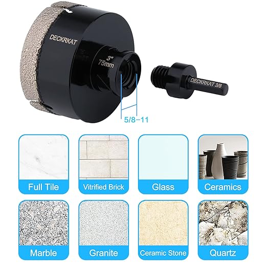 Diamond Hole Saw, 3" Hole Saw for Tiles Granite Marble Ceramic Glass Porcelain, 75mm Core Drill Bit with 5/8-11 Thread and 3/8” Hex Shank Adapter for Angle Grinders & Drills