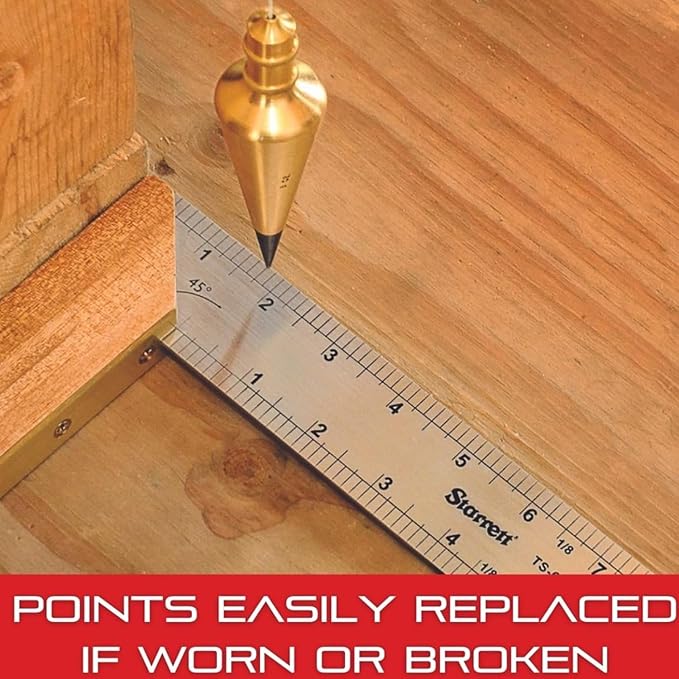 Solid Brass Plumb Bob, Brass Construction, Stainless Steel Point, Professional Centering Tool, Replaceable Tip (16oz)