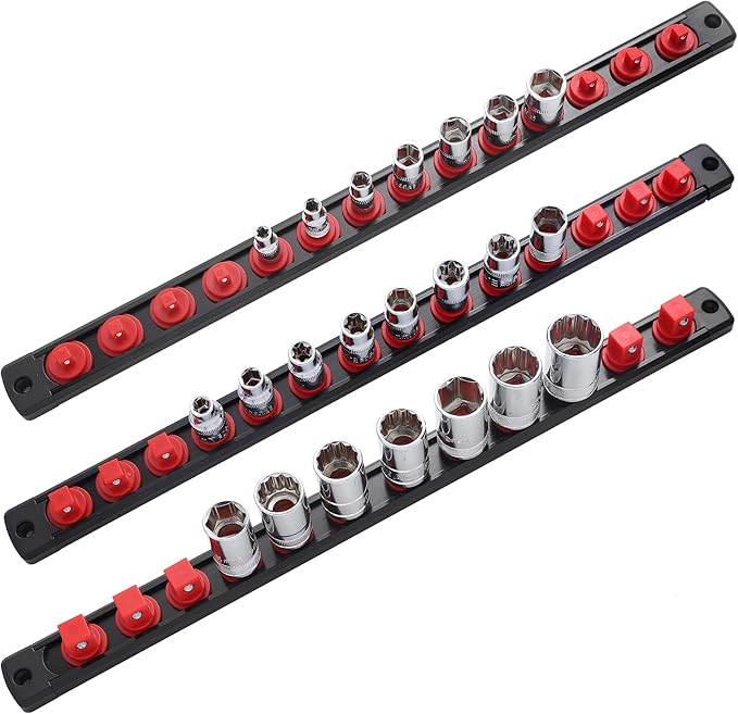 3-Piece Magnetic Socket Organizer, Heavy Duty Aluminum Socket Rails Organizer, 360° Swivel Clips Socket Holder Kit for Tool Box, 1/2, 3/8, 1/4-Inch Socket Holder x 40 Clips (Red)